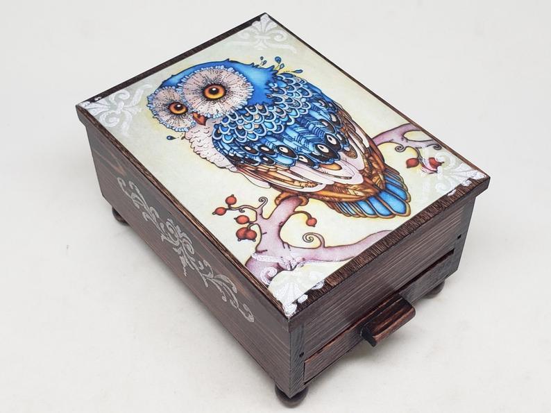 Personalized Majestic Owl Jewelry Box with Mirror & Drawer